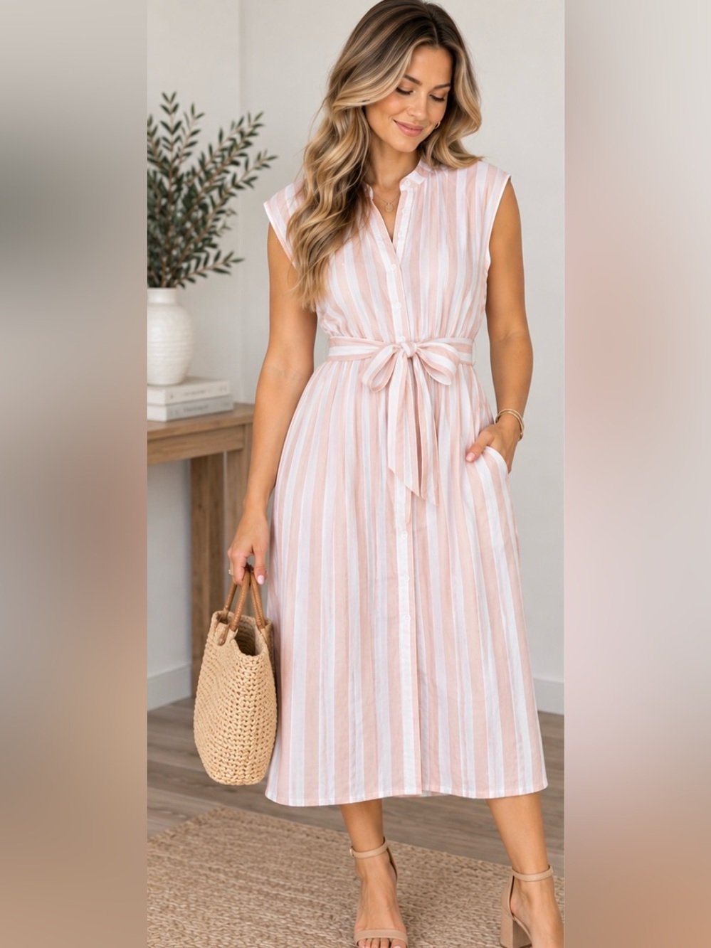 215 Calvin Klein Pink White Stripe Belted Midi Shirt Dress Size 6
